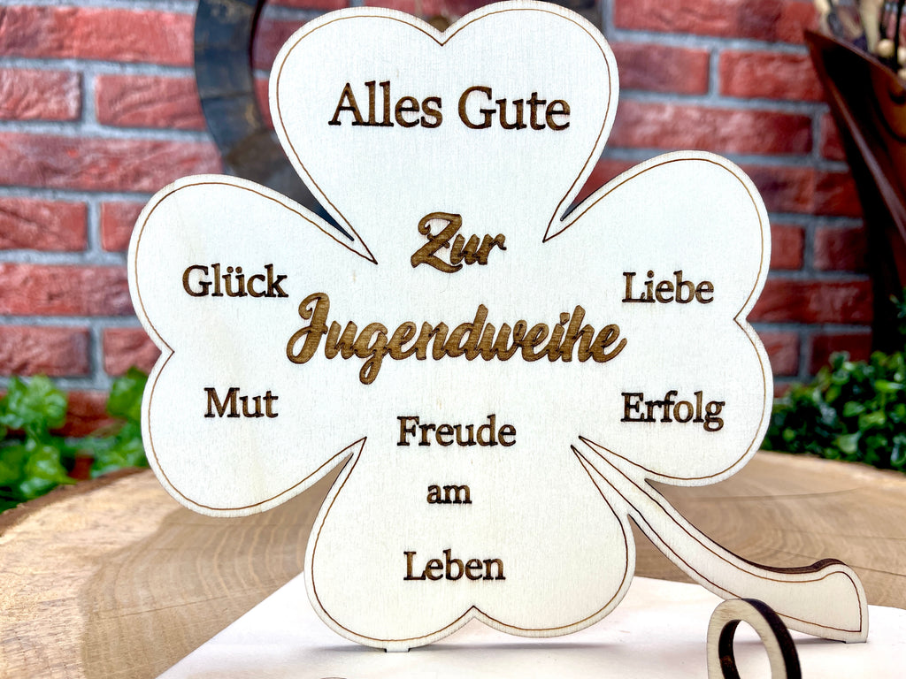 Kleeblatt zur Jugendweihe handgefertigt aus Holz - Glück, Liebe & Erfolg im Leben Lebenswende Liebevolle Geschenke Besonderes Geschenk