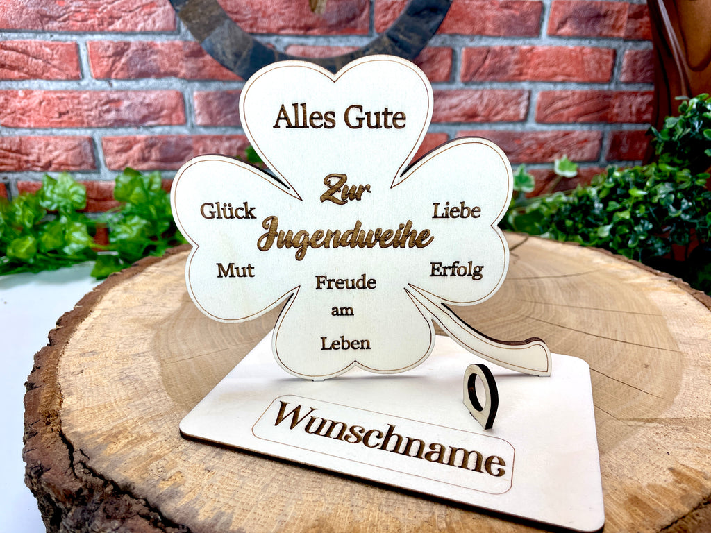Kleeblatt zur Jugendweihe handgefertigt aus Holz - Glück, Liebe & Erfolg im Leben Lebenswende Liebevolle Geschenke Besonderes Geschenk