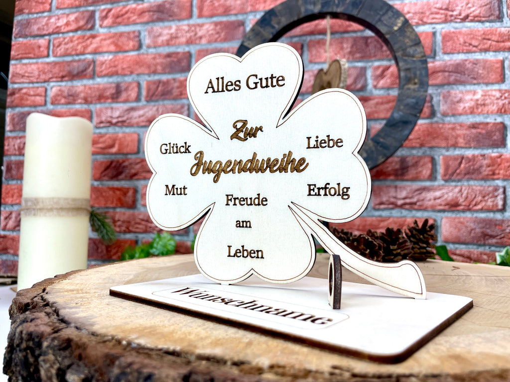 Kleeblatt zur Jugendweihe handgefertigt aus Holz - Glück, Liebe & Erfolg im Leben Lebenswende Liebevolle Geschenke Besonderes Geschenk