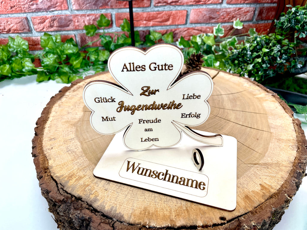 Kleeblatt zur Jugendweihe handgefertigt aus Holz - Glück, Liebe & Erfolg im Leben Lebenswende Liebevolle Geschenke Besonderes Geschenk