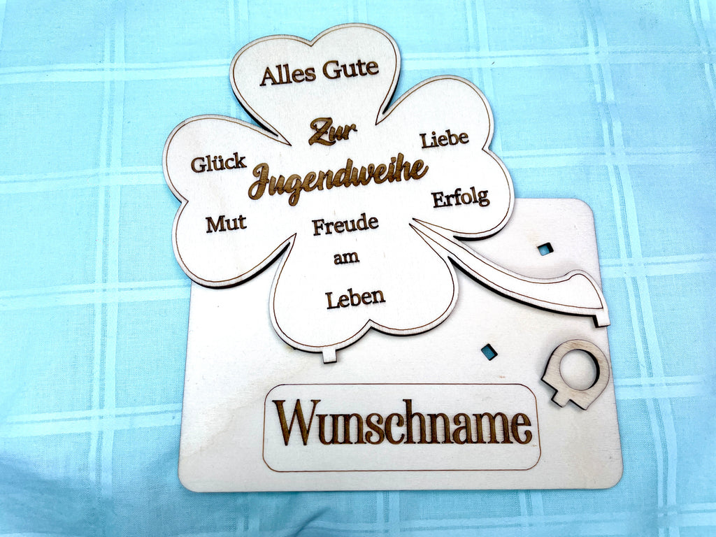 Kleeblatt zur Jugendweihe handgefertigt aus Holz - Glück, Liebe & Erfolg im Leben Lebenswende Liebevolle Geschenke Besonderes Geschenk