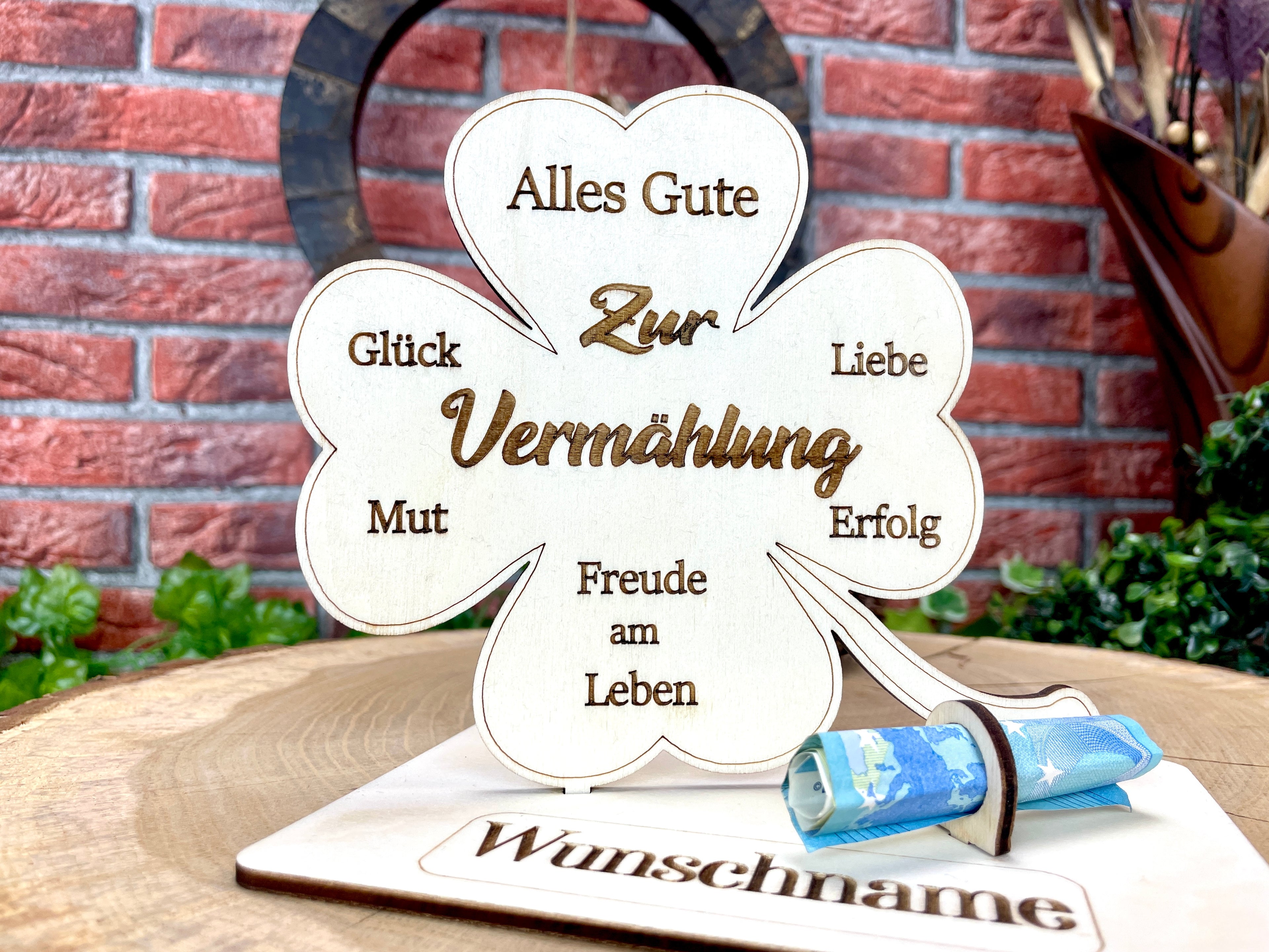 Glückskleeblatt zur Vermählung handgefertigt aus Holz - Liebe, Erfolg & Freude im Leben Liebevolle Geschenke Besonderes Geschenk Glück