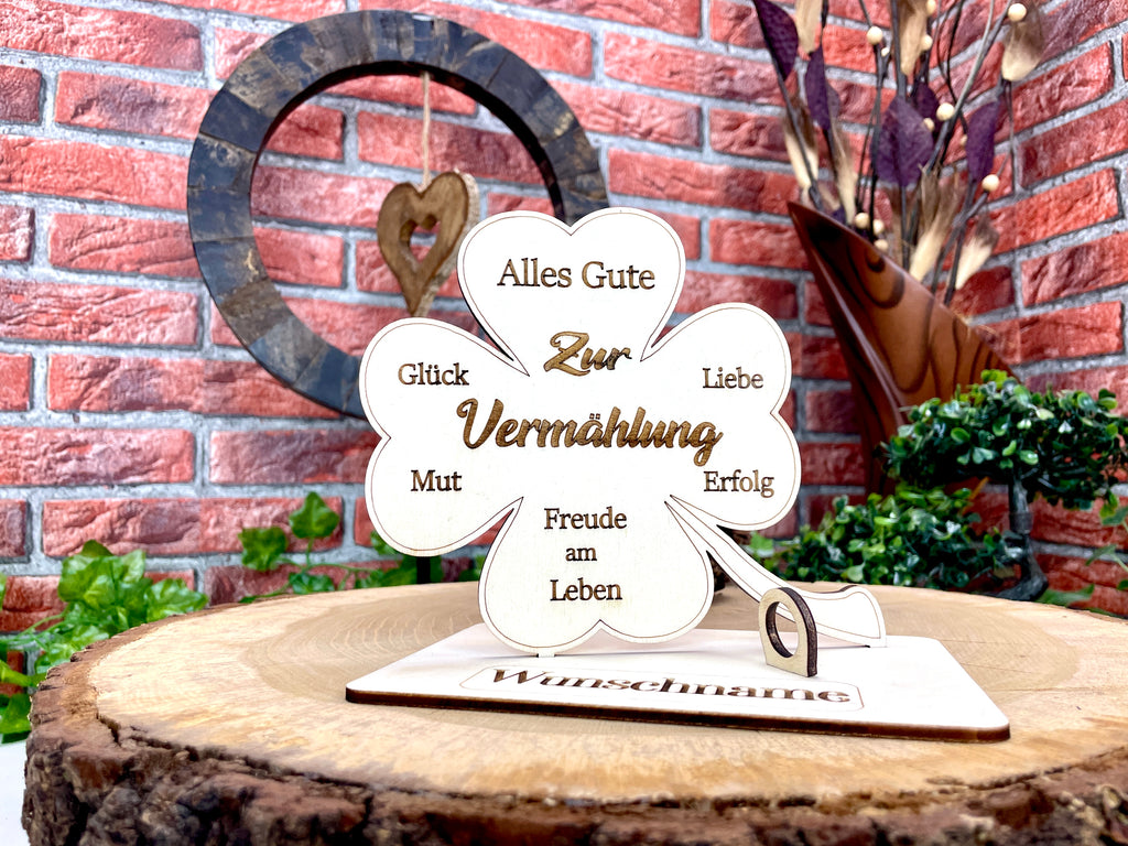 Glückskleeblatt zur Vermählung handgefertigt aus Holz - Liebe, Erfolg & Freude im Leben Liebevolle Geschenke Besonderes Geschenk Glück