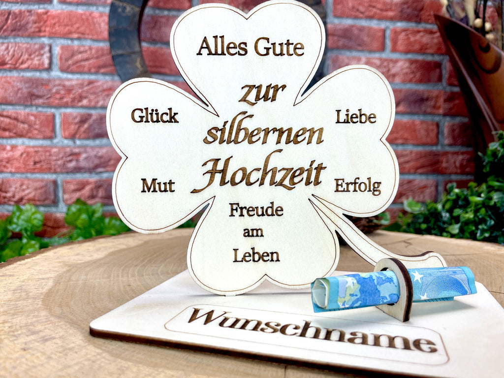 Glückskleeblatt zur silbernen Hochzeit handgefertigt aus Holz - Liebe, Erfolg & Freude im Leben Liebevolle Geschenke Besonderes Geschenk