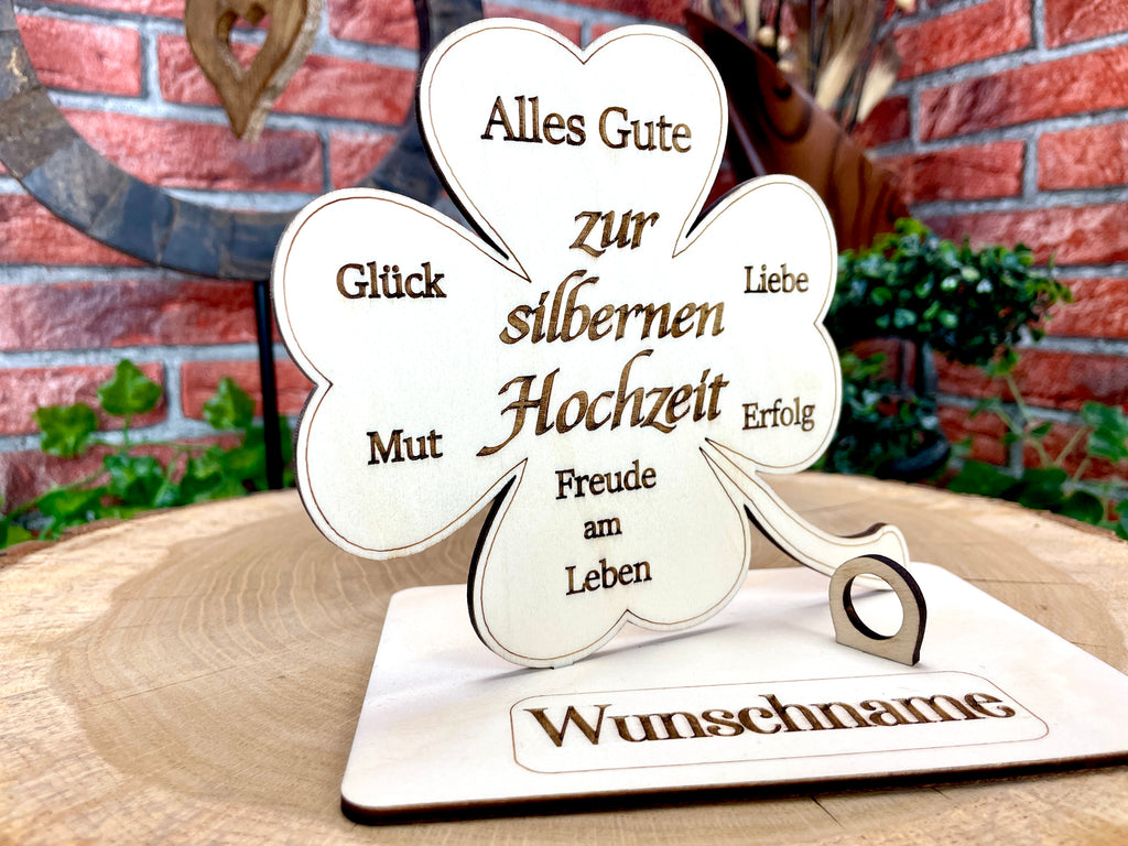 Glückskleeblatt zur silbernen Hochzeit handgefertigt aus Holz - Liebe, Erfolg & Freude im Leben Liebevolle Geschenke Besonderes Geschenk