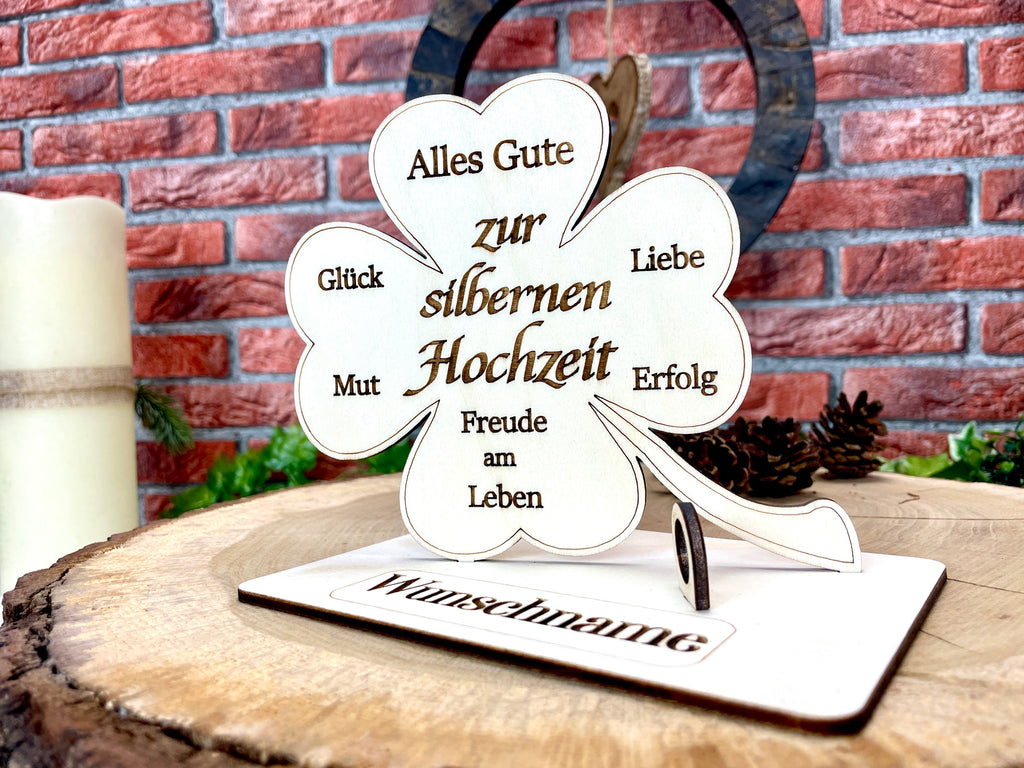 Glückskleeblatt zur silbernen Hochzeit handgefertigt aus Holz - Liebe, Erfolg & Freude im Leben Liebevolle Geschenke Besonderes Geschenk