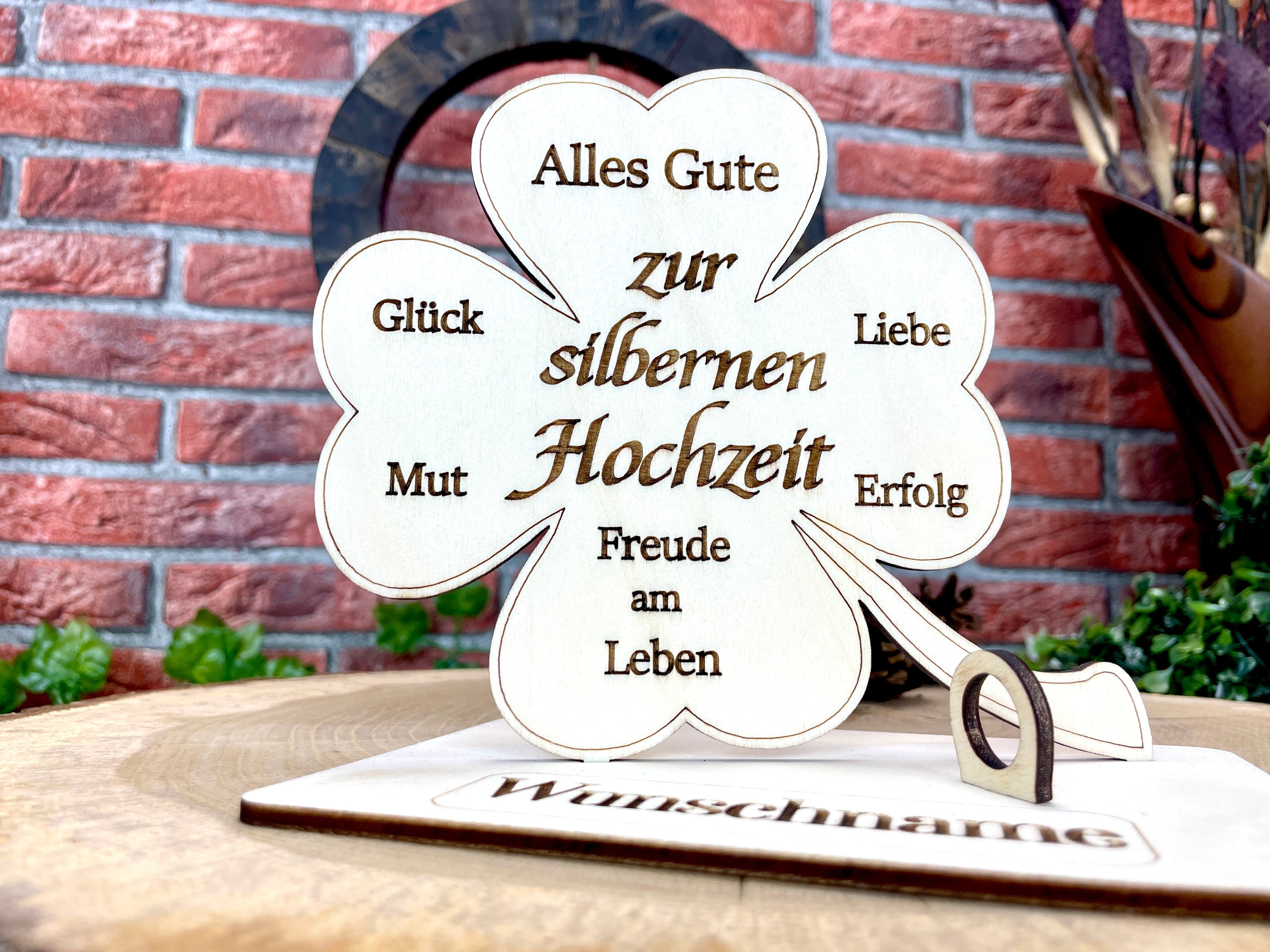 Glückskleeblatt zur silbernen Hochzeit handgefertigt aus Holz - Liebe, Erfolg & Freude im Leben Liebevolle Geschenke Besonderes Geschenk