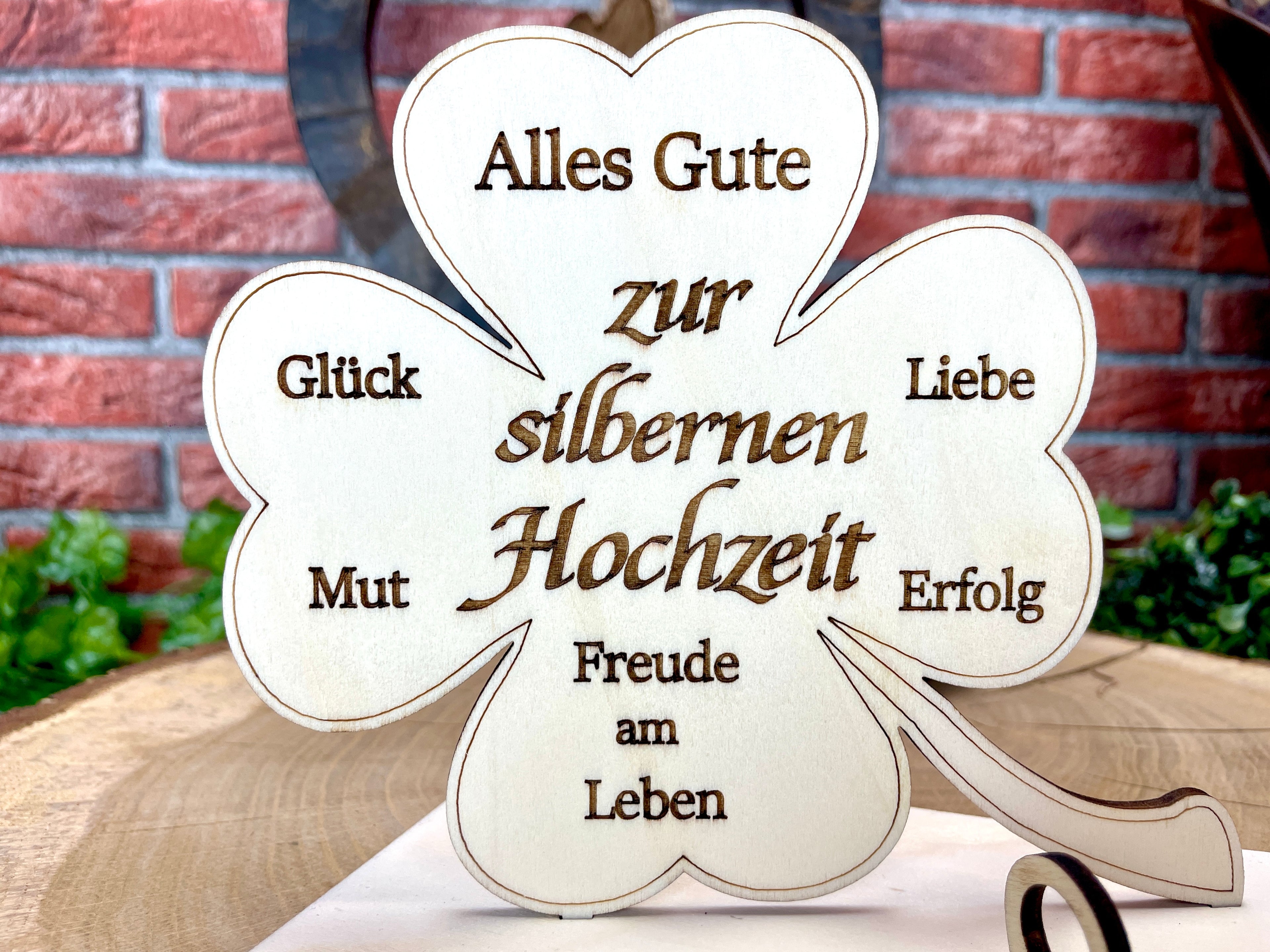 Glückskleeblatt zur silbernen Hochzeit handgefertigt aus Holz - Liebe, Erfolg & Freude im Leben Liebevolle Geschenke Besonderes Geschenk