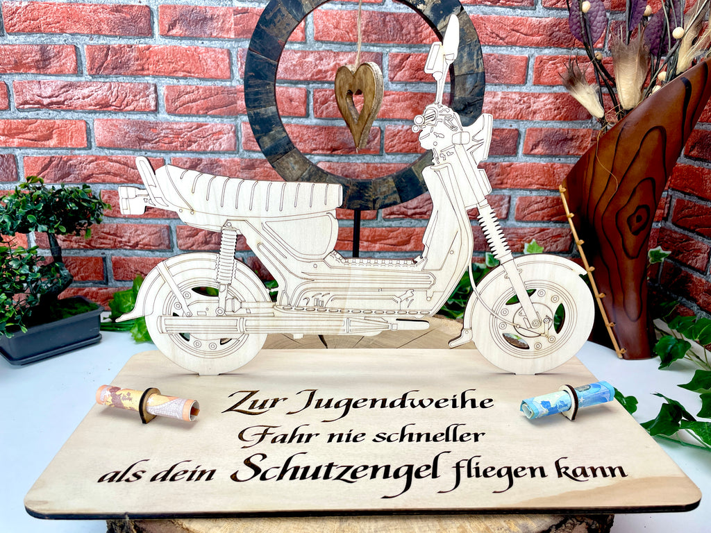 Simson SR50 XXL – Dein personalisiertes Ostfahrzeug-Geldgeschenk aus Holz Geld Karte Box Männergeschenk Holzschild zum Verschenken