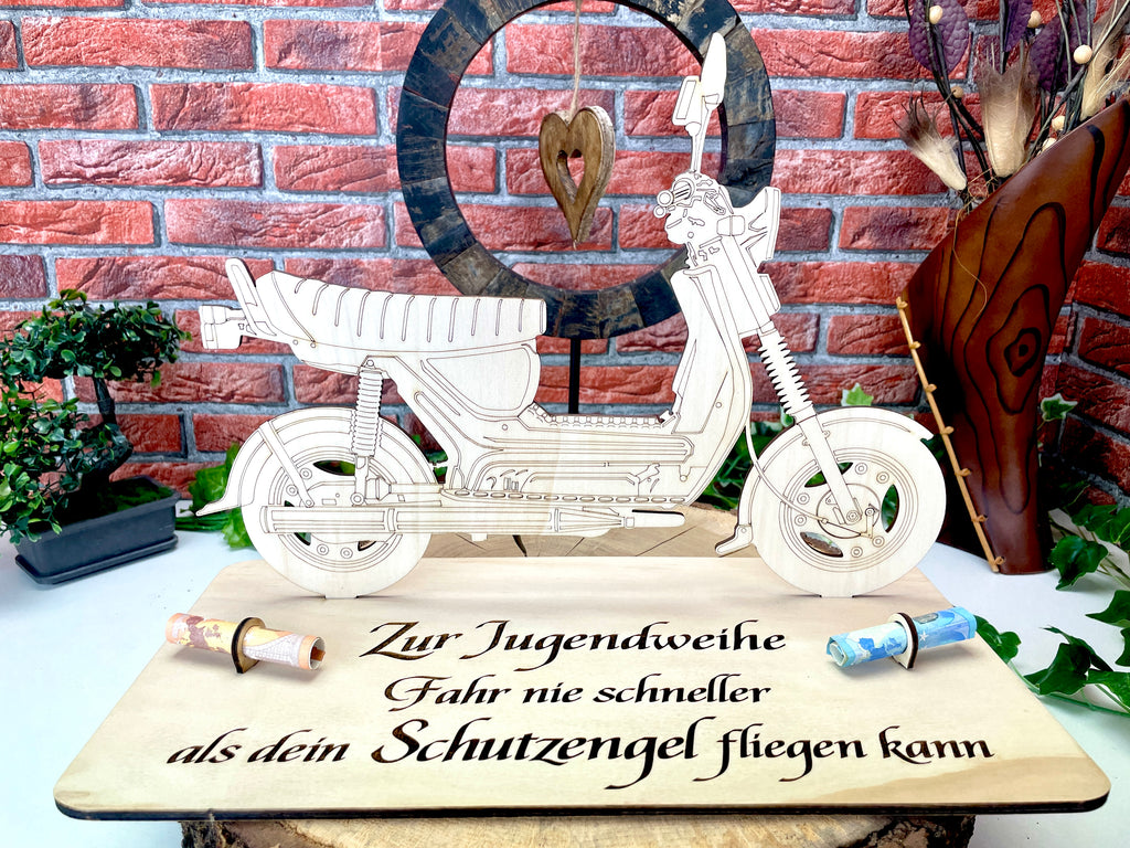 Simson SR50 XXL – Dein personalisiertes Ostfahrzeug-Geldgeschenk aus Holz Geld Karte Box Männergeschenk Holzschild zum Verschenken