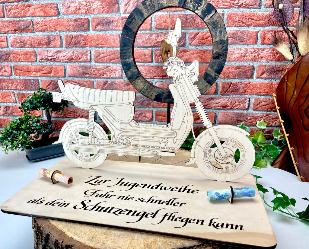 Simson SR50 XXL – Dein personalisiertes Ostfahrzeug-Geldgeschenk aus Holz Geld Karte Box Männergeschenk Holzschild zum Verschenken