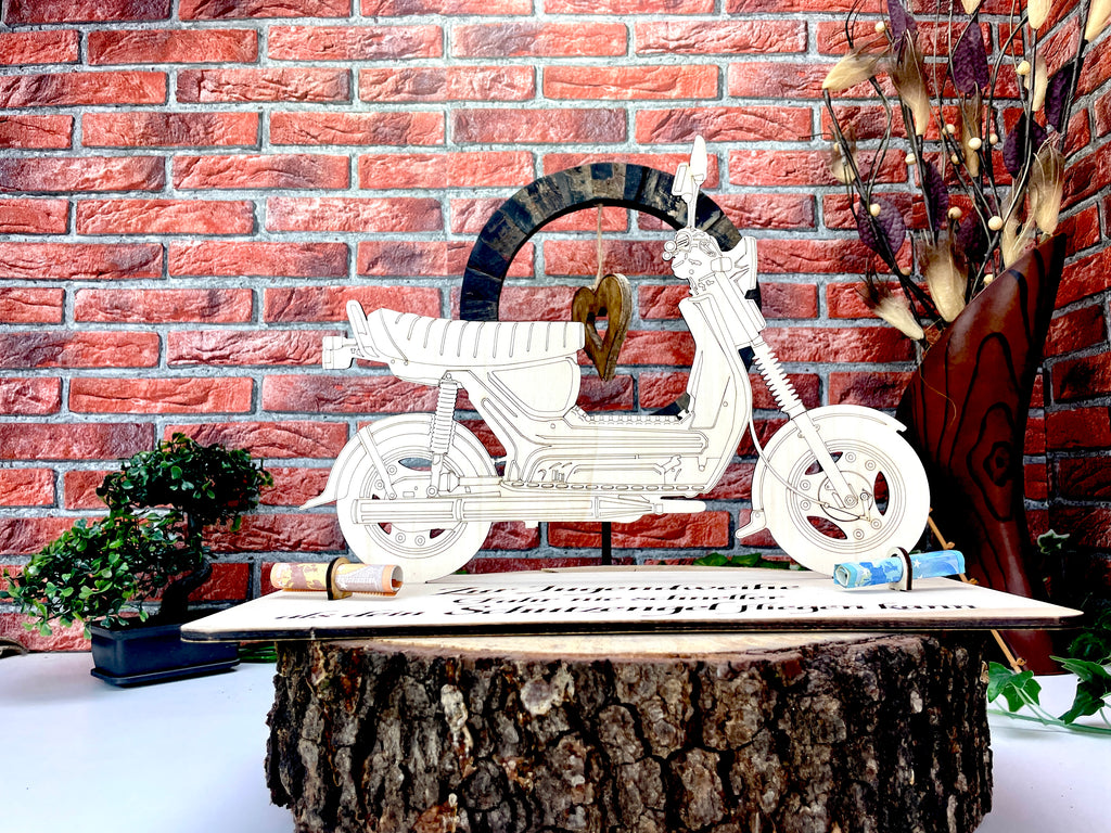 Simson SR50 XXL – Dein personalisiertes Ostfahrzeug-Geldgeschenk aus Holz Geld Karte Box Männergeschenk Holzschild zum Verschenken