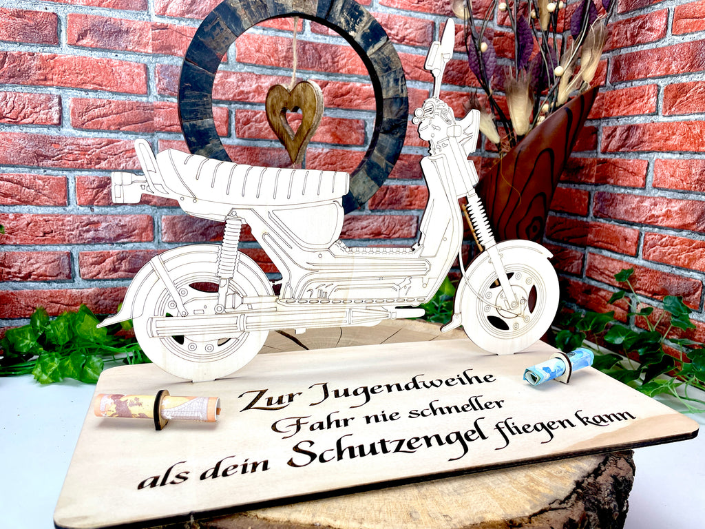 Simson SR50 XXL – Dein personalisiertes Ostfahrzeug-Geldgeschenk aus Holz Geld Karte Box Männergeschenk Holzschild zum Verschenken