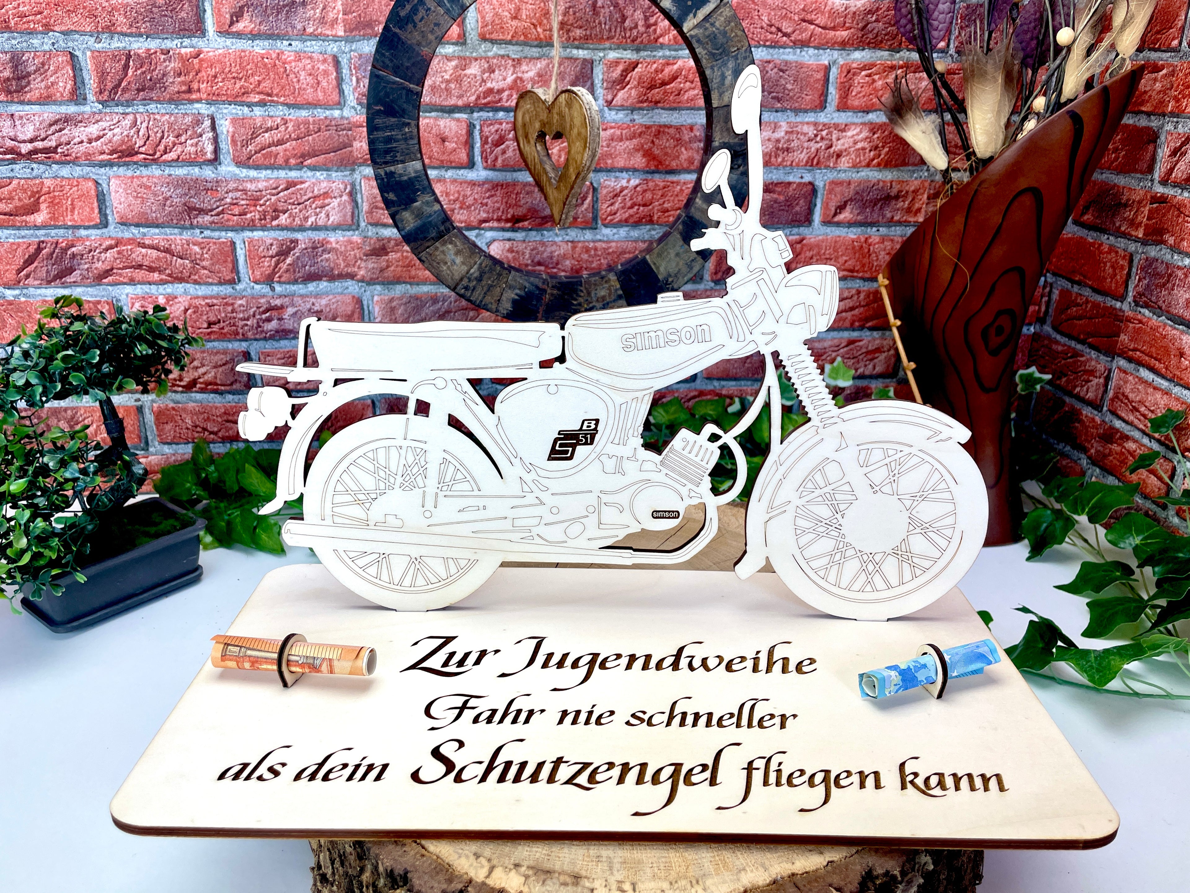 Simson S51 XXL – Dein personalisiertes Ostfahrzeug-Geldgeschenk aus Holz 40x29cm Geld Karte Box Männergeschenk Holzschild zum Verschenken