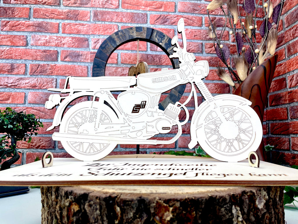 Simson S51 XXL – Dein personalisiertes Ostfahrzeug-Geldgeschenk aus Holz 40x29cm Geld Karte Box Männergeschenk Holzschild zum Verschenken