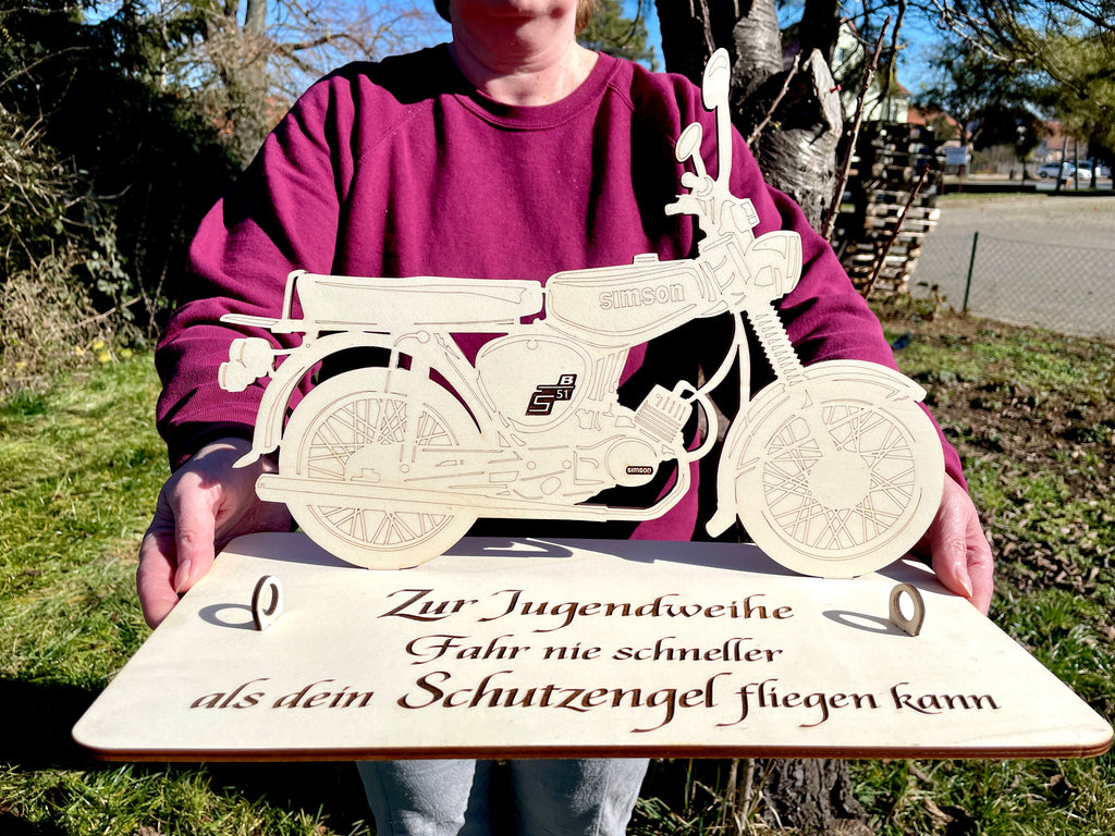 Simson S51 XXL – Dein personalisiertes Ostfahrzeug-Geldgeschenk aus Holz 40x29cm Geld Karte Box Männergeschenk Holzschild zum Verschenken