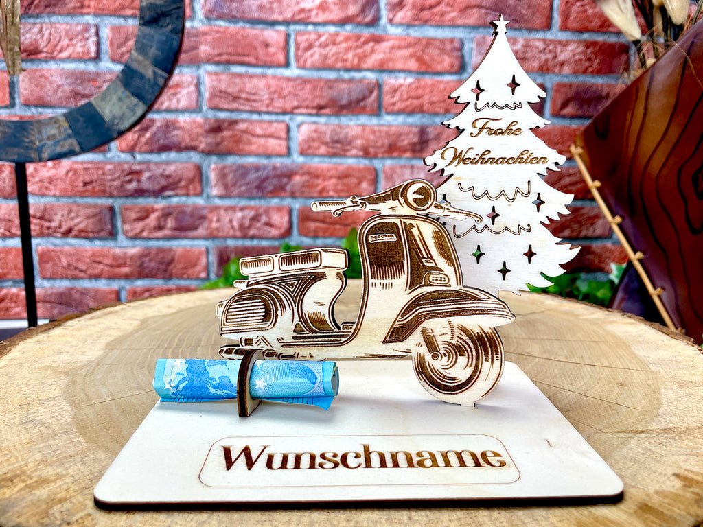 Vespa Holzmodell – Weihnachtsgeschenk Männer | Personalisiertes Geldgeschenk aus Holz | Originelle Geschenkidee