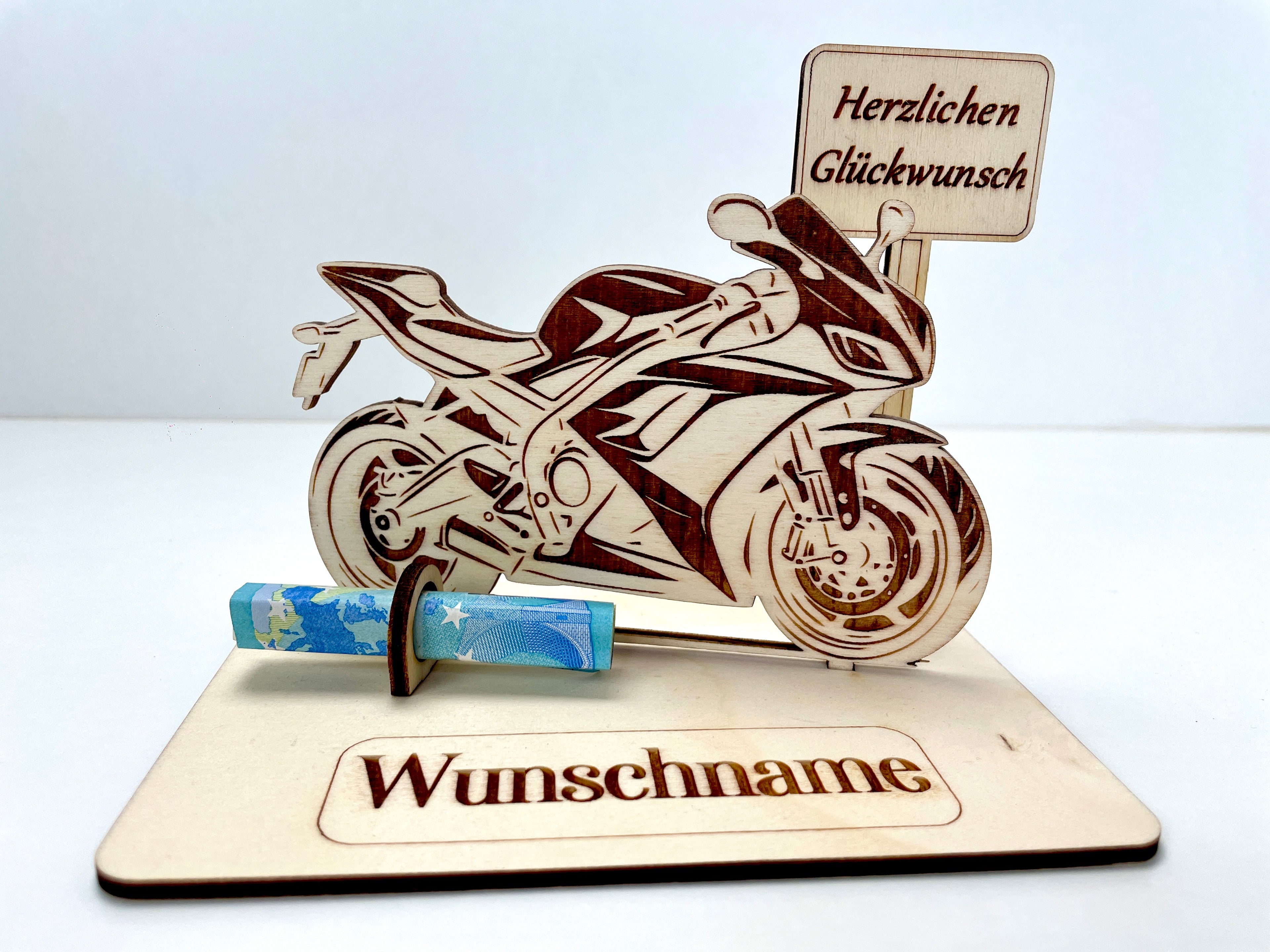 Motorrad Rennmaschiene  – Dein personalisiertes Geldgeschenk aus Holz | Originelle Geschenkidee