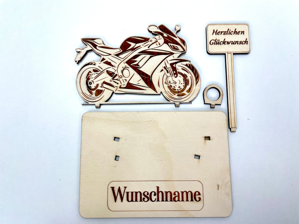Motorrad Rennmaschiene  – Dein personalisiertes Geldgeschenk aus Holz | Originelle Geschenkidee