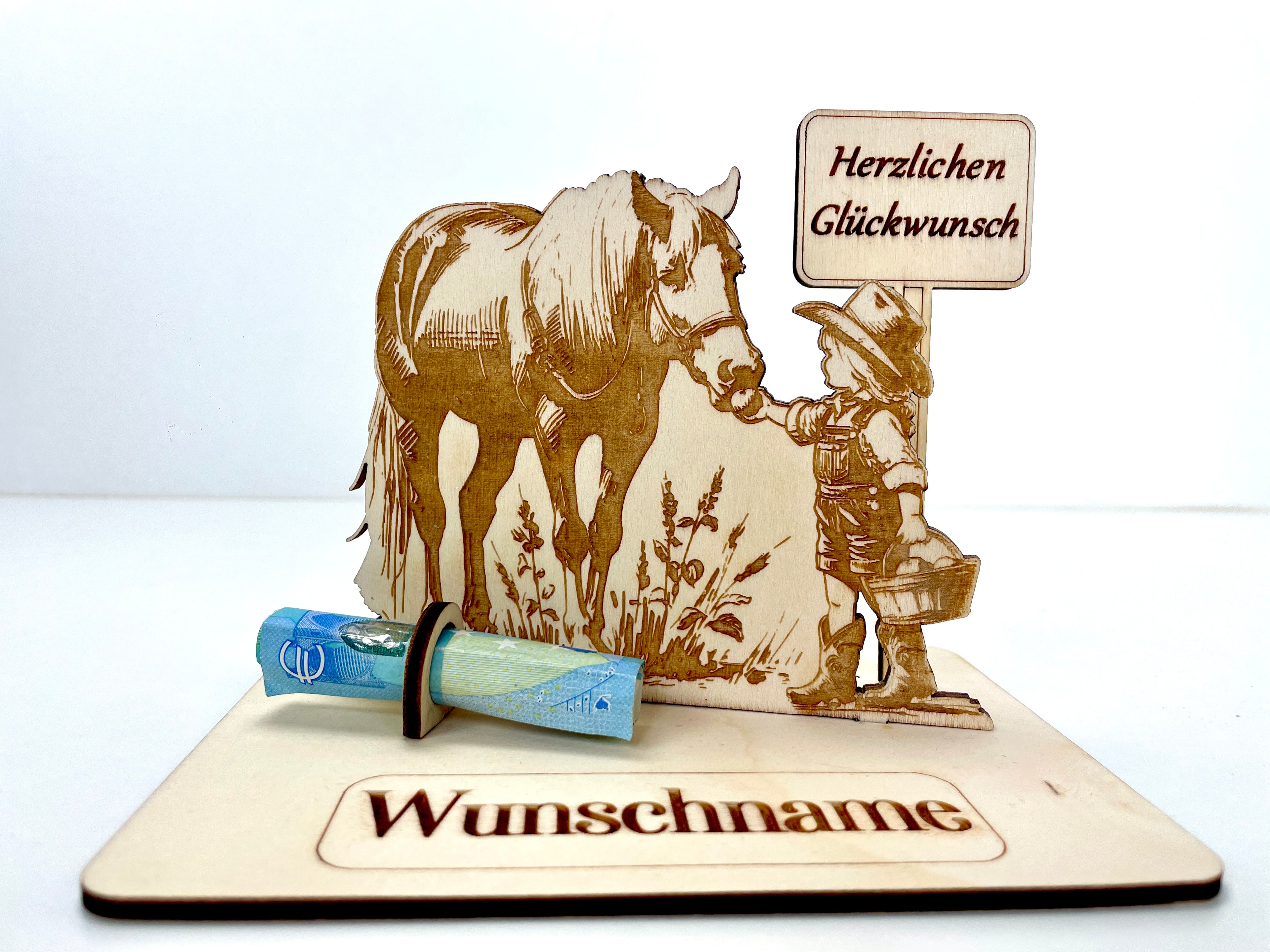 Geldgeschenk Pferd aus Holz – personalisiertes Geschenk mit Wunschtext – originelles Geburtstagsgeschenk für Kinder & Pferdefans