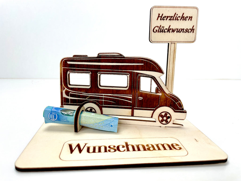 Geldgeschenk Wohnmobil aus Holz – personalisiertes Geschenk mit Wunschtext – ideales Geschenk für Reise, Geburtstag & mehr