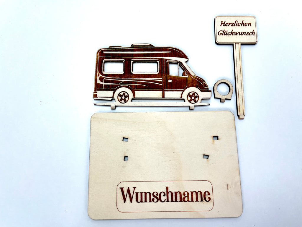 Geldgeschenk Wohnmobil aus Holz – personalisiertes Geschenk mit Wunschtext – ideales Geschenk für Reise, Geburtstag & mehr