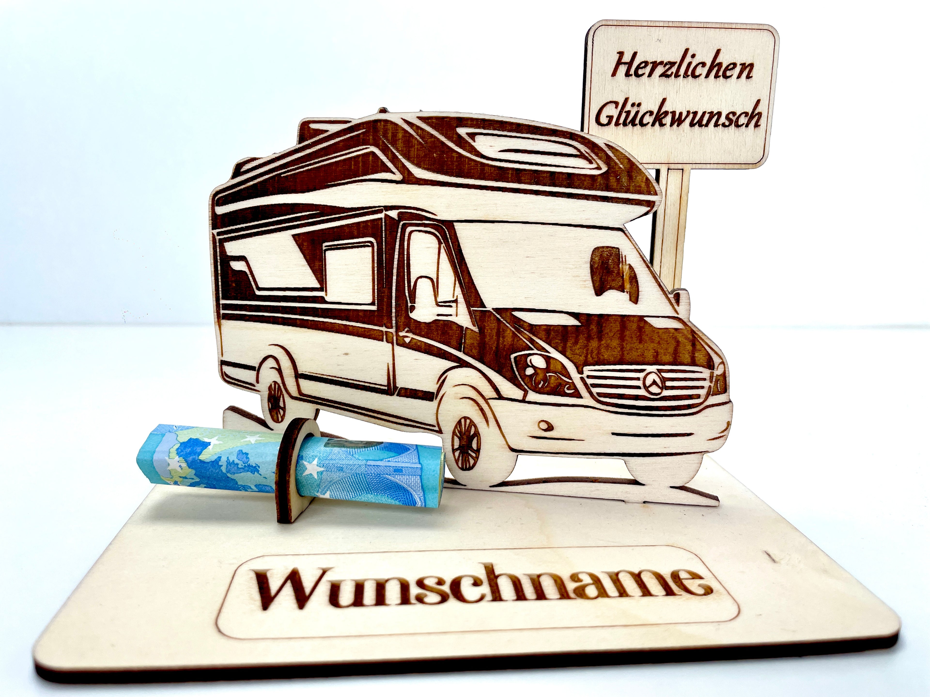 Geldgeschenk Wohnmobil aus Holz – personalisiertes Geschenk mit Wunschtext – ideales Geschenk für Reise, Geburtstag & mehr