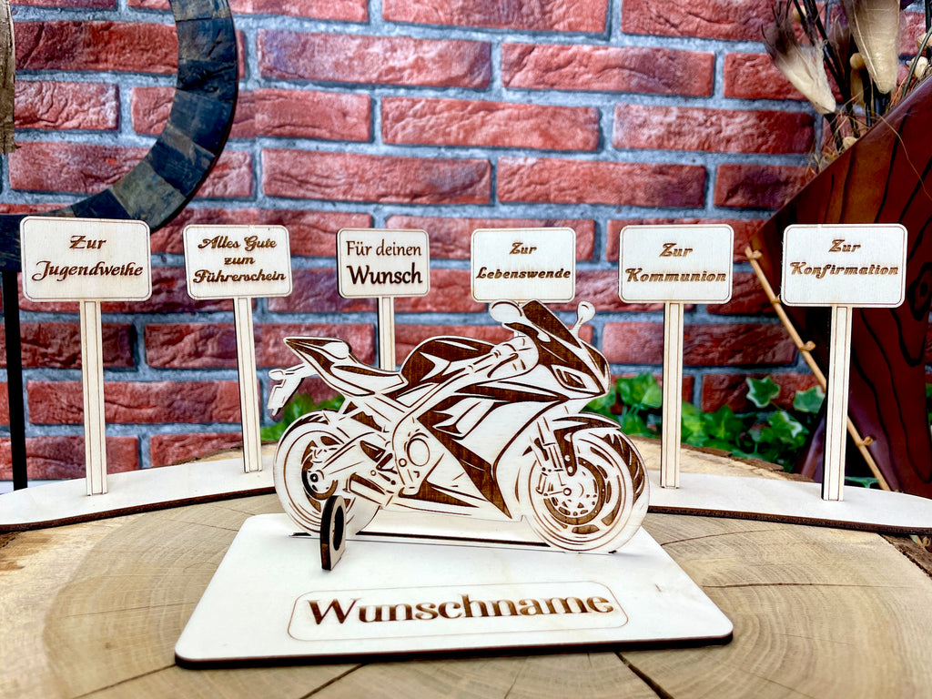 Motorrad Rennmaschiene  – Dein personalisiertes Geldgeschenk aus Holz | Originelle Geschenkidee
