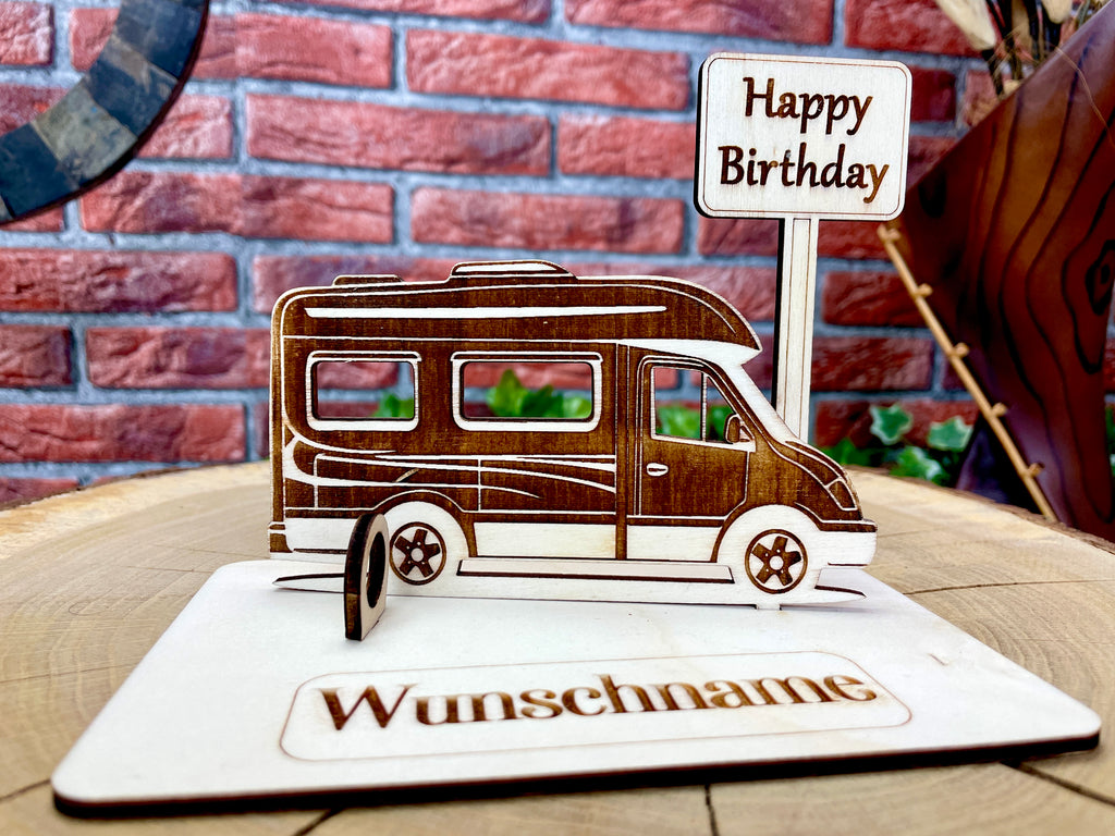 Geldgeschenk Wohnmobil aus Holz – personalisiertes Geschenk mit Wunschtext – ideales Geschenk für Reise, Geburtstag & mehr