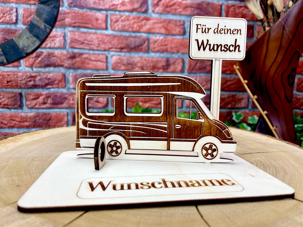 Geldgeschenk Wohnmobil aus Holz – personalisiertes Geschenk mit Wunschtext – ideales Geschenk für Reise, Geburtstag & mehr