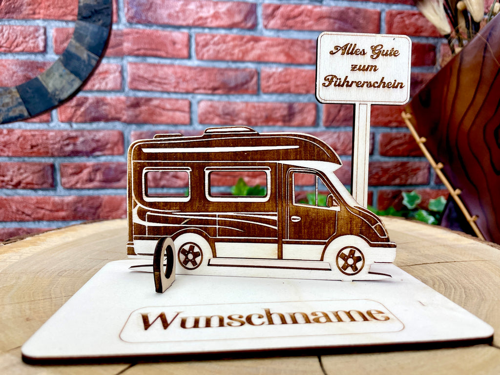 Geldgeschenk Wohnmobil aus Holz – personalisiertes Geschenk mit Wunschtext – ideales Geschenk für Reise, Geburtstag & mehr