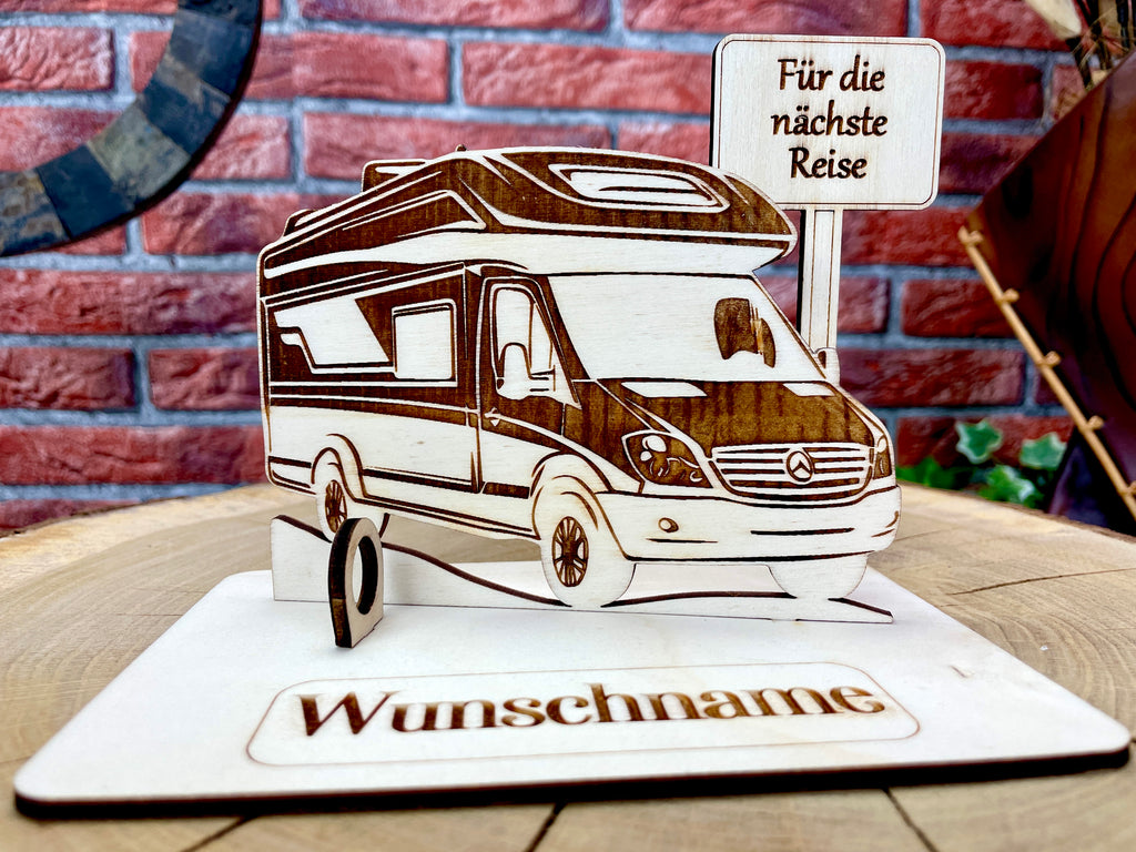 Geldgeschenk Wohnmobil aus Holz – personalisiertes Geschenk mit Wunschtext – ideales Geschenk für Reise, Geburtstag & mehr