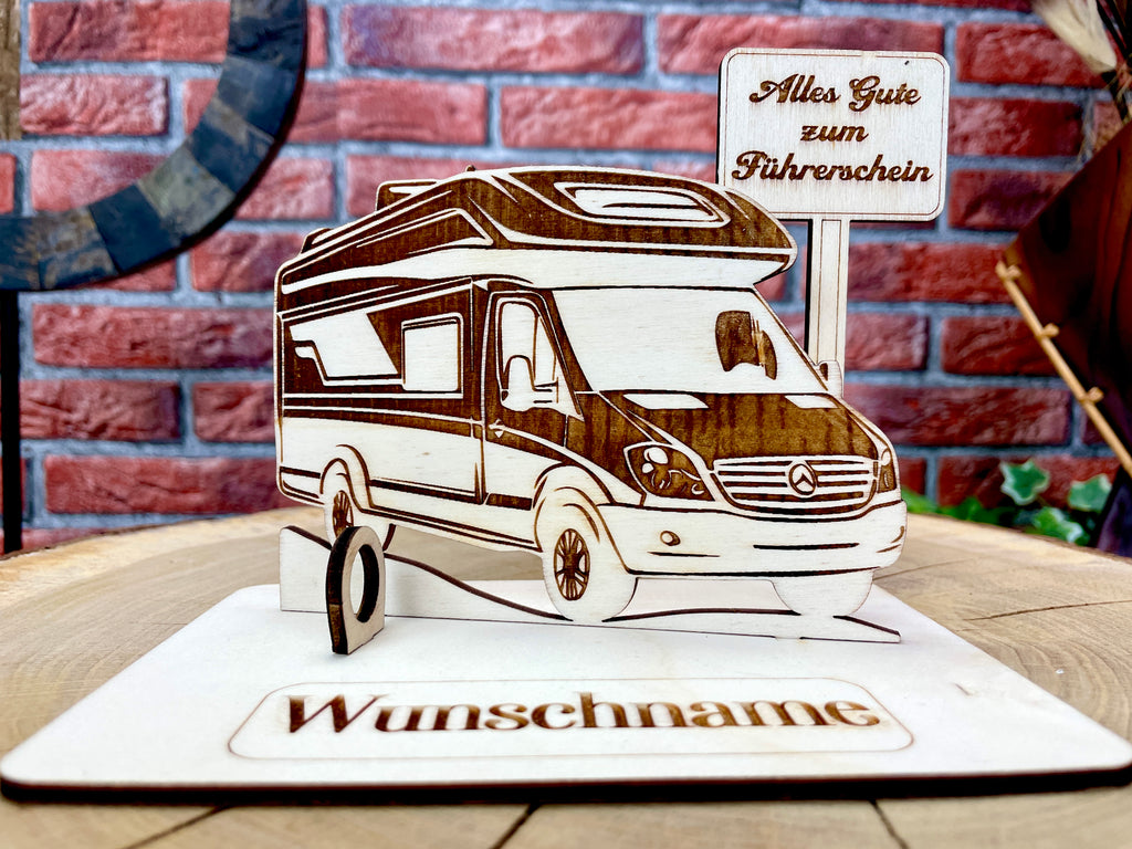 Geldgeschenk Wohnmobil aus Holz – personalisiertes Geschenk mit Wunschtext – ideales Geschenk für Reise, Geburtstag & mehr